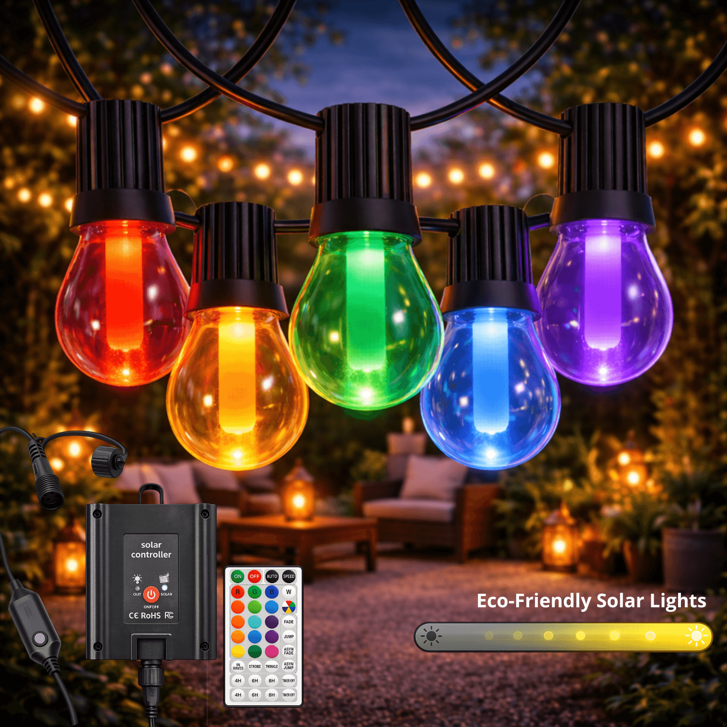 Guirnalda Led Solar de 10 Bombillas 8M Exterior Ip54 Rgbw